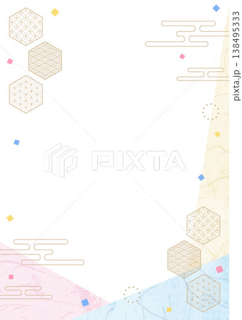 和風のデザインフレーム、和紙、紙吹雪、和柄のデコレーション、背景、縦向き 138495333