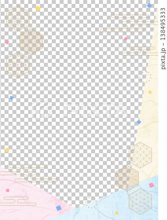 和風のデザインフレーム、和紙、紙吹雪、和柄のデコレーション、背景、縦向き 138495333