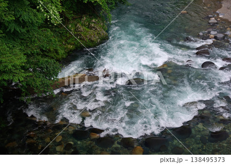初夏の岐阜県郡上市明宝町の川沿いでは、川の流れが澄んで季節の花が咲き新緑も鮮やかです。 138495373