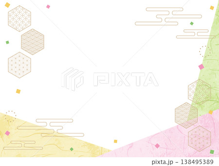 和風のデザインフレーム、和紙、紙吹雪、和柄のデコレーション、背景 138495389