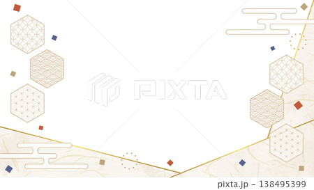 和風のデザインフレーム、和紙、紙吹雪、和柄のデコレーション、背景、16:9サイズ 138495399