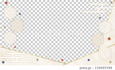 和風のデザインフレーム、和紙、紙吹雪、和柄のデコレーション、背景、16:9サイズ 138495399