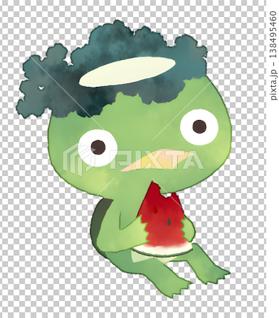 一幅水彩風格的透明PNG插圖,描繪了一隻河童坐著吃紅西瓜的場景。 一幅水彩風格的透明PNG插圖,描繪了一隻河童坐著吃紅西瓜的場景。 138495460
