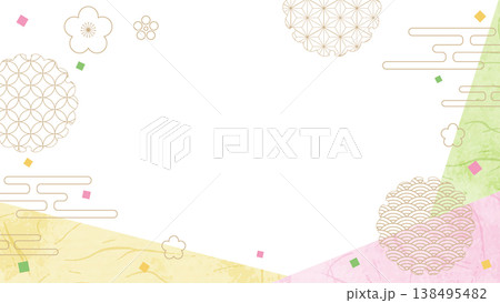 和風のデザインフレーム、和紙、紙吹雪、和柄のデコレーション、背景、16:9サイズ 138495482