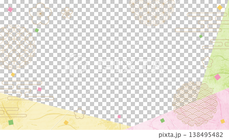 和風のデザインフレーム、和紙、紙吹雪、和柄のデコレーション、背景、16:9サイズ 138495482