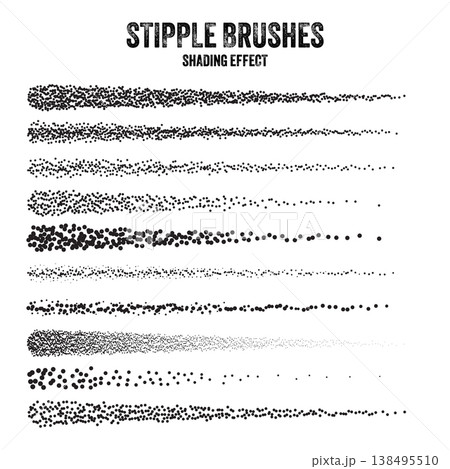 Ink scatter brush, stipple drawing and texturing. Fading gradient. Stippling, dotwork drawing, shading using dots. Halftone disintegration effect. White noise grainy texture. Vector illustration Ink scatter brush, stipple drawing and texturing. Fading gradient. Stippling, dotwork drawing, shading using dots. Halftone disintegration effect. White noise grainy texture. Vector illustration 138495510