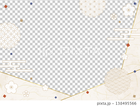 和風のデザインフレーム、和紙、紙吹雪、和柄のデコレーション、背景 138495566