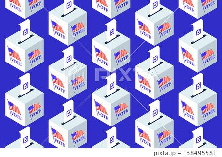Isometric ballot boxes with completed bulletins and check marks. Pattern of boxes for US elections, voting concept, civic duty, election background, vector illustration. 138495581