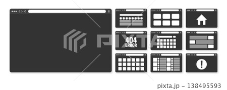 Web browser window, pages layout with toolbar and search field. Modern website, internet page in flat style. Browser mockup for computer, tablet and smartphone. Adaptive UI. Vector illustration 138495593