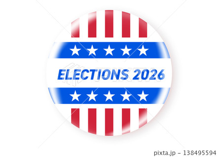 Realistic round vote badge with American flag. USA election voting sticker for 2026 midterm election. Responsible voting symbol, vector illustration. 138495594