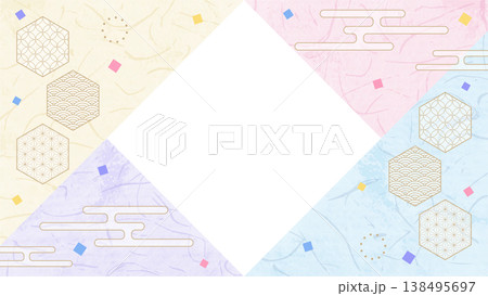 和風のデザインフレーム、和紙、紙吹雪、和柄のデコレーション、背景、16:9サイズ 138495697