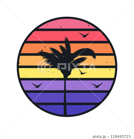 Grunge vintage sunset. Colorful striped sunrise badge in 80s and 90s style. Sun and ocean view, summer vibes, surfing. Design element for print, logo or t-shirt. Vector illustration 138495723