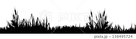 Meadow silhouette with grass, plants on plain. Panoramic summer lawn landscape with herbs, various weeds. Herbal border, frame element. Black horizontal banners. Vector illustration Meadow silhouette with grass, plants on plain. Panoramic summer lawn landscape with herbs, various weeds. Herbal border, frame element. Black horizontal banners. Vector illustration 138495724