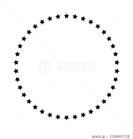 Stars of various sizes arranged in a circle. Round frame, border. Black star outline, simple symbol. Design element, ornament. Line art. Vector illustration 138495738