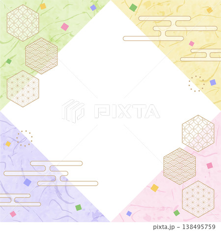 和風のデザインフレーム、和紙、紙吹雪、和柄のデコレーション、背景、正方形サイズ 138495759