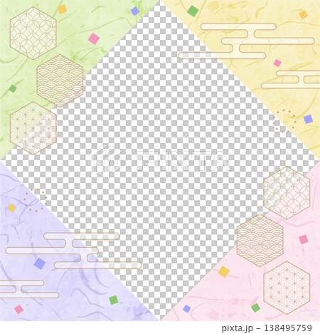 和風のデザインフレーム、和紙、紙吹雪、和柄のデコレーション、背景、正方形サイズ 138495759