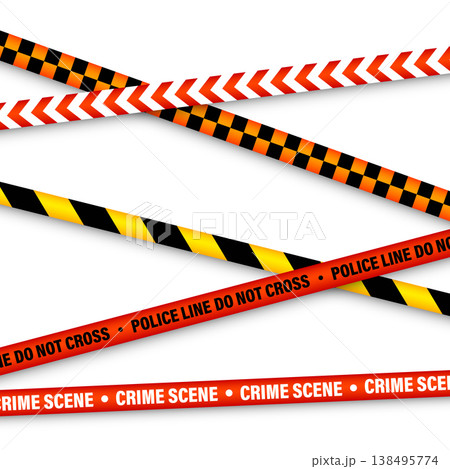 Barricade construction tape. Colorful police warning line, brightly colored danger or hazard stripe, ribbon. Restricted area, zone. Attention symbol. Vector illustration Barricade construction tape. Colorful police warning line, brightly colored danger or hazard stripe, ribbon. Restricted area, zone. Attention symbol. Vector illustration 138495774