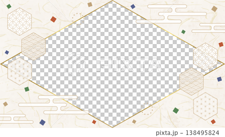 Japanese-style design frame, washi paper, confetti, Japanese pattern decoration, background, 16:9 size Japanese-style design frame, washi paper, confetti, Japanese pattern decoration, background, 16:9 size 138495824