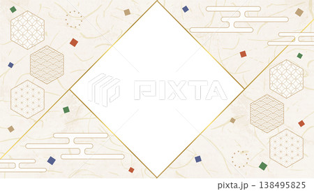 和風のデザインフレーム、和紙、紙吹雪、和柄のデコレーション、背景、16:9サイズ 138495825