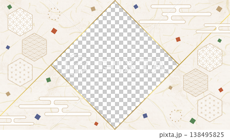 和風のデザインフレーム、和紙、紙吹雪、和柄のデコレーション、背景、16:9サイズ 138495825