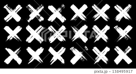 Grunge crosses, brush strokes, x mark, lines, ink smudges, hand-drawn scribble shapes. Handmade sketchy marks, acrylic stains, charcoal streaks. Paint textures, dry brush effect. Vector illustration 138495917