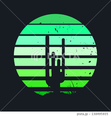 Grunge vintage sunset. Colorful striped sunrise badge in 80s and 90s style. Sun and ocean view, summer vibes, surfing. Design element for print, logo or t-shirt. Vector illustration 138495935