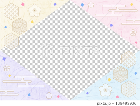和風のデザインフレーム、和紙、紙吹雪、和柄のデコレーション、背景 138495936