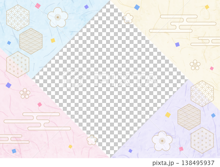 和風のデザインフレーム、和紙、紙吹雪、和柄のデコレーション、背景 138495937