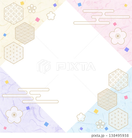 和風のデザインフレーム、和紙、紙吹雪、和柄のデコレーション、背景、正方形サイズ 138495938