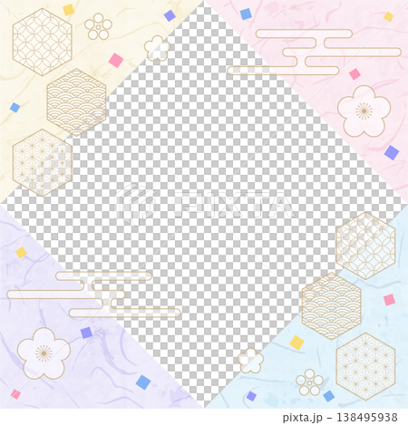 和風のデザインフレーム、和紙、紙吹雪、和柄のデコレーション、背景、正方形サイズ 138495938