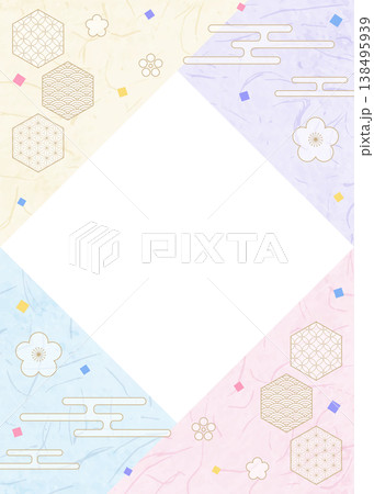 和風のデザインフレーム、和紙、紙吹雪、和柄のデコレーション、背景、縦向き 138495939