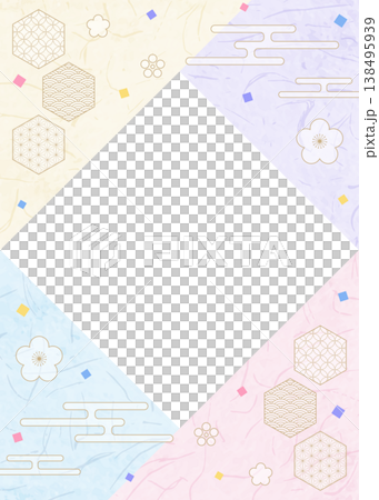 和風のデザインフレーム、和紙、紙吹雪、和柄のデコレーション、背景、縦向き 138495939