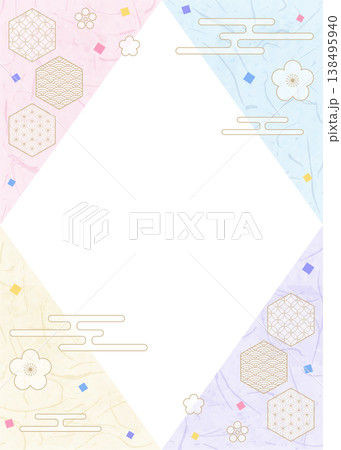 和風のデザインフレーム、和紙、紙吹雪、和柄のデコレーション、背景、縦向き 138495940