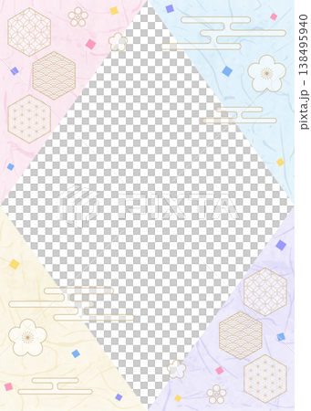 和風のデザインフレーム、和紙、紙吹雪、和柄のデコレーション、背景、縦向き 138495940