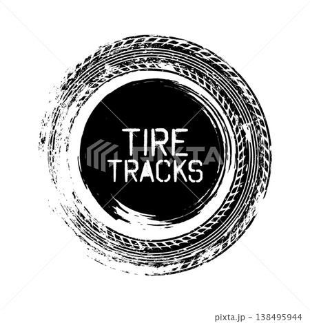 Grunge circle tire track, wheel braking mark. Truck, car or motorcycle tread pattern silhouettes. Auto race, motorsport, speed racing design element. Vector illustration 138495944