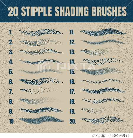 Ink scatter brush, stipple drawing and texturing. Fading gradient. Stippling, dotwork drawing, shading using dots. Halftone disintegration effect. White noise grainy texture. Vector illustration 138495956