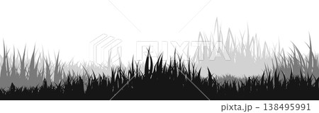 Meadow silhouette with grass, plants on plain. Panoramic summer lawn landscape with herbs, various weeds. Herbal border, frame element. Black horizontal banners. Vector illustration Meadow silhouette with grass, plants on plain. Panoramic summer lawn landscape with herbs, various weeds. Herbal border, frame element. Black horizontal banners. Vector illustration 138495991