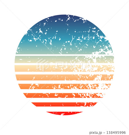 Vintage colorful sunset. Striped gradient sunrise badge in 80s and 90s style. Sun and ocean view, summer vibes, surfing. Design element for print, logo or t-shirt. Vector illustration 138495996