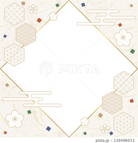 和風のデザインフレーム、和紙、紙吹雪、和柄のデコレーション、背景、正方形サイズ 138496013