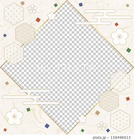和風のデザインフレーム、和紙、紙吹雪、和柄のデコレーション、背景、正方形サイズ 138496013