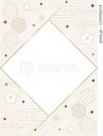 和風のデザインフレーム、和紙、紙吹雪、和柄のデコレーション、背景、縦向き 138496014