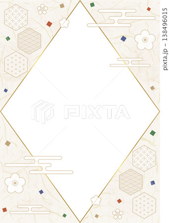 和風のデザインフレーム、和紙、紙吹雪、和柄のデコレーション、背景、縦向き 138496015