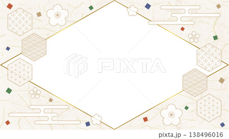 和風のデザインフレーム、和紙、紙吹雪、和柄のデコレーション、背景、16:9サイズ 138496016