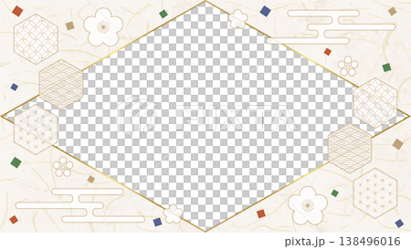 和風のデザインフレーム、和紙、紙吹雪、和柄のデコレーション、背景、16:9サイズ 138496016
