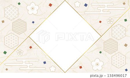 和風のデザインフレーム、和紙、紙吹雪、和柄のデコレーション、背景、16:9サイズ 138496017