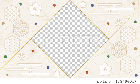 和風のデザインフレーム、和紙、紙吹雪、和柄のデコレーション、背景、16:9サイズ 138496017