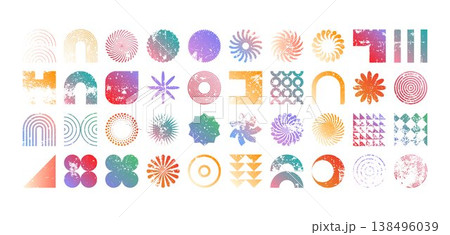 Colorful geometric shapes, modern grunge symbols. Simple primitive elements and forms, distressed details. Retro design, aged, vintage, trendy contemporary minimalist style, y2k. Vector illustration 138496039