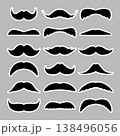 Mustache collection in different styles of moustaches. Hipster, barber, retro, vintage facial hair icons for logo, branding, poster, sticker, fashion, barbershop, design projects. Vector illustration 138496056