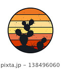 Grunge vintage sunset. Colorful striped sunrise badge in 80s and 90s style. Sun and ocean view, summer vibes, surfing. Design element for print, logo or t-shirt. Vector illustration 138496060