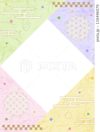 和風のデザインフレーム、和紙、紙吹雪、和柄のデコレーション、背景、縦向き 138496070